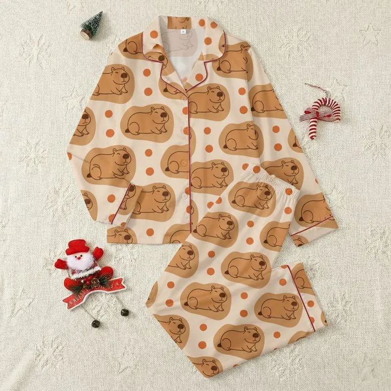 Women's Cozy Capybara Orange Pom-Pom Beige-Brown Illustrative Animal Pattern Satin Pajamas Set - 1