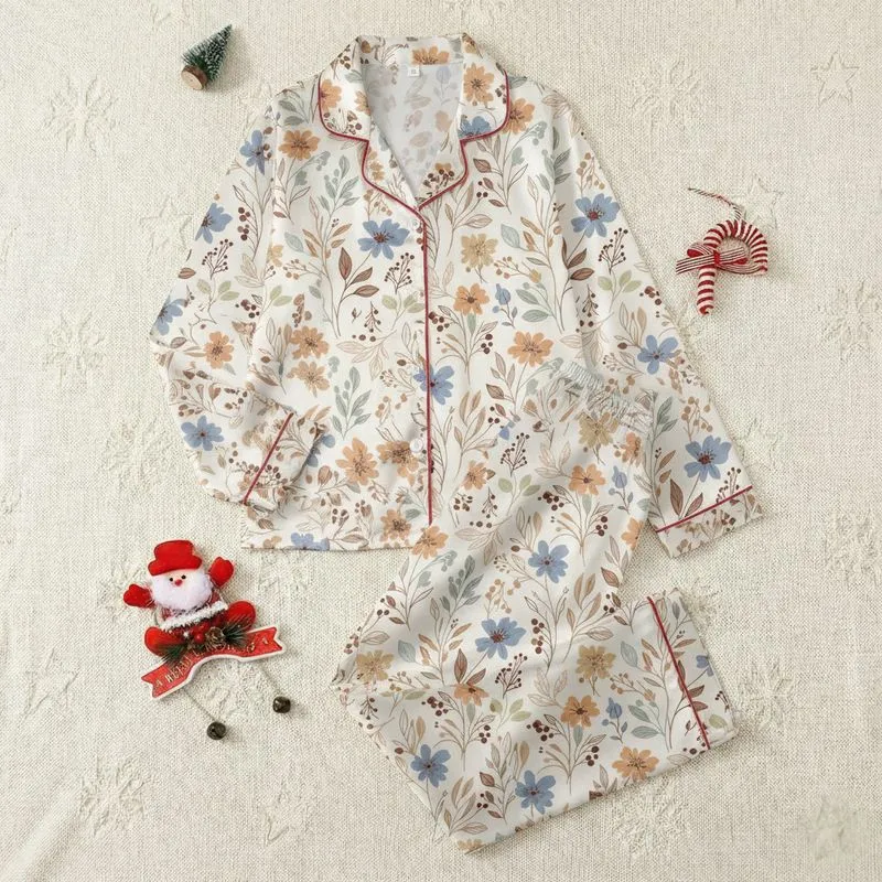 Women's Delicate Vintage Botanical Seamless Repeat Pattern in Muted Apricot Blue Sage Satin Pajamas Set - 1