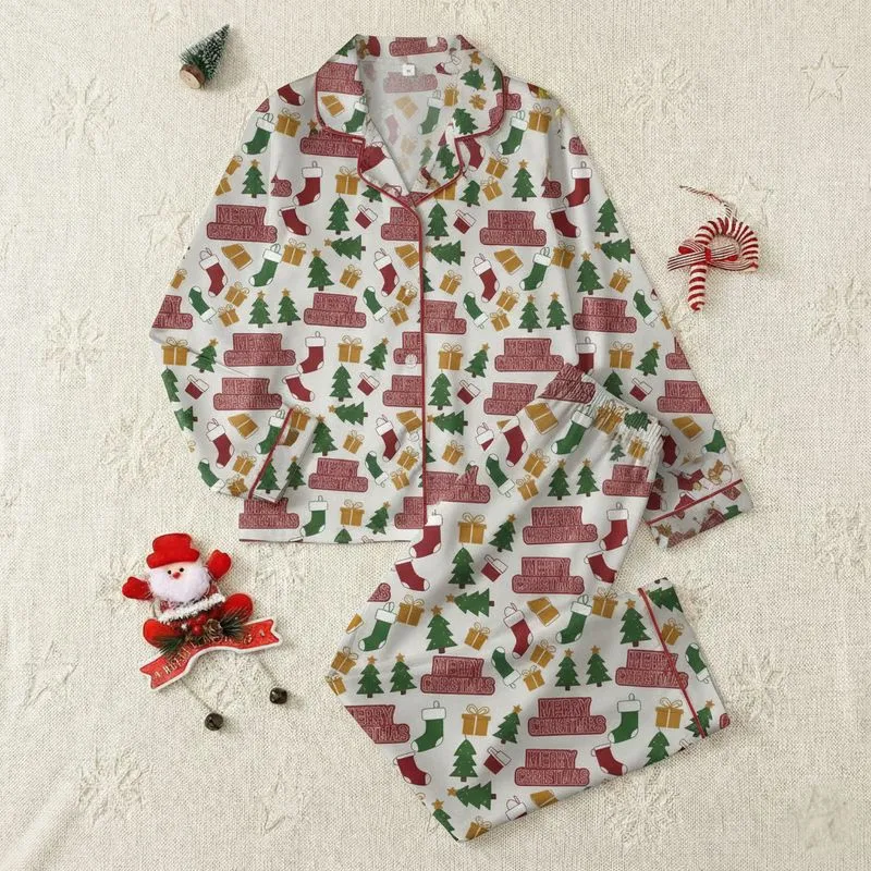Festive Celebrator's Merry Christmas Text Tree Present Stocking All-Over Pattern Fabric Satin Pajamas Set - 1