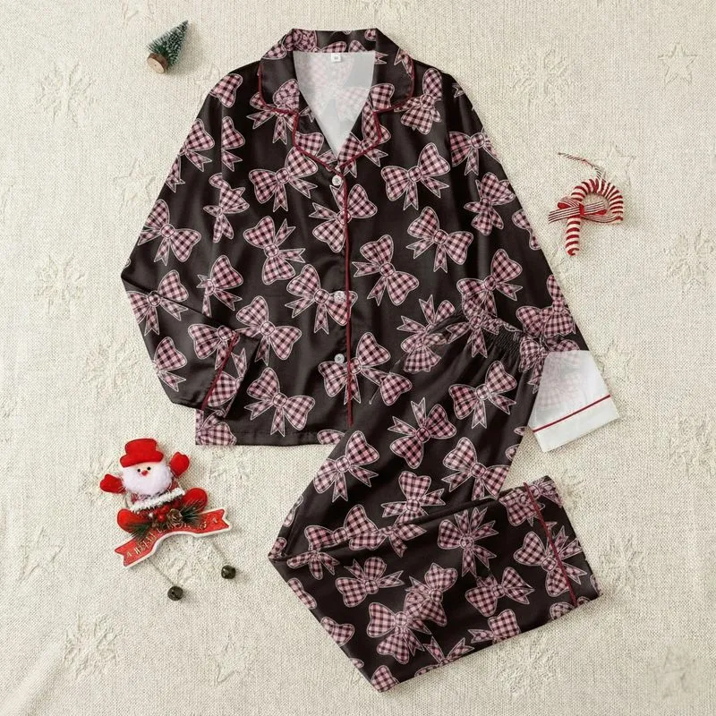 Chic Style Pink Plaid Bows Seamless Pattern on Black Item Satin Short-Sleeve Pajamas Set - 1