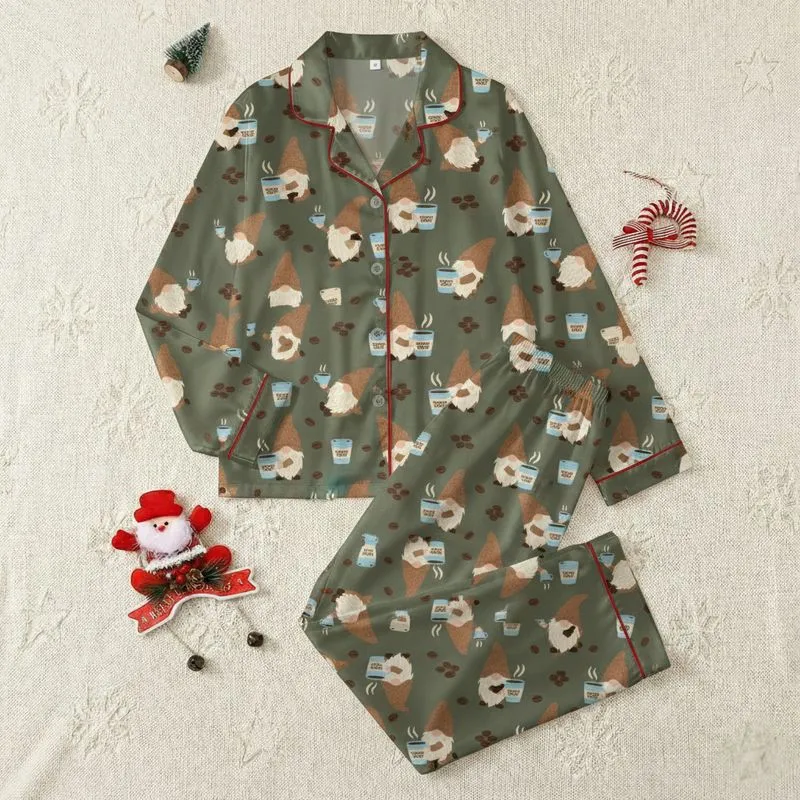 Women's Whimsical Coffee Gnomes Deep Olive Green Rustic Illustrative Pattern Satin Pajamas Set - 1