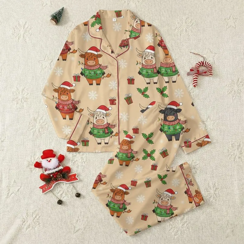 Highland Cow Christmas: Adorable Cows in Festive Sweaters, Santa Hats, Holly & Gifts - Festive Wear Satin Pajamas Set - 1