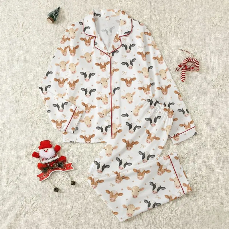Women's Charming Watercolor Cow Heads, Tan Bows & Burnt Orange Plus Signs Seamless Rustic Pattern Satin Pajamas Set - 1