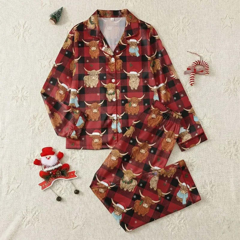 Highland Cow Lover's Festive Design: Whimsical Plaid Christmas Cows with Holly & Hats Satin Pajamas Set - 1