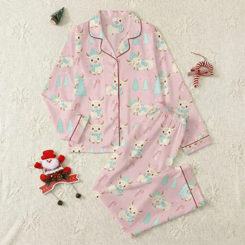 Winter Holiday Enthusiasts' Whimsical Cream Highland Cows, Teal Aqua Plaid, Pastel Pink Christmas Tree Pattern Satin Pajamas Set - 1