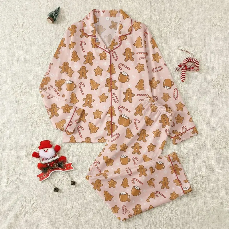 Women's Soft Pink Hand-Drawn Gingerbread Hot Cocoa Cookie Snowflake Pattern Satin Pajamas Set - 1