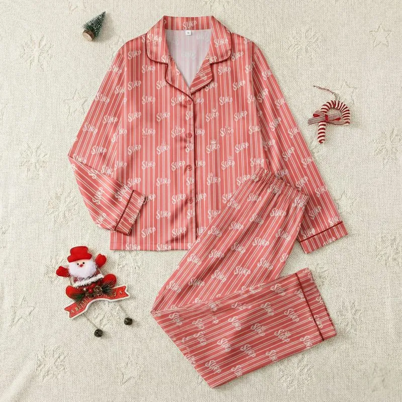 Women's Vibrant Coral Pink Striped Whimsical Sleep Script Eyelash Design Satin Pajamas Set - 1