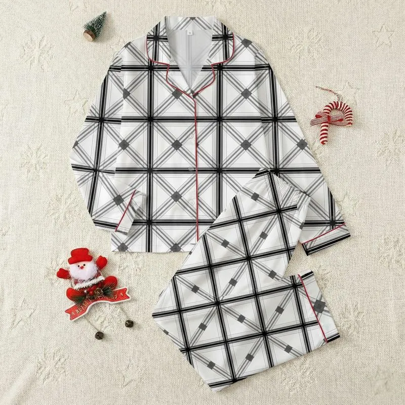 Classic Style Dense Interlaced White Black Gray Tartan Plaid Satin Short-Sleeve Pajamas Set - 1