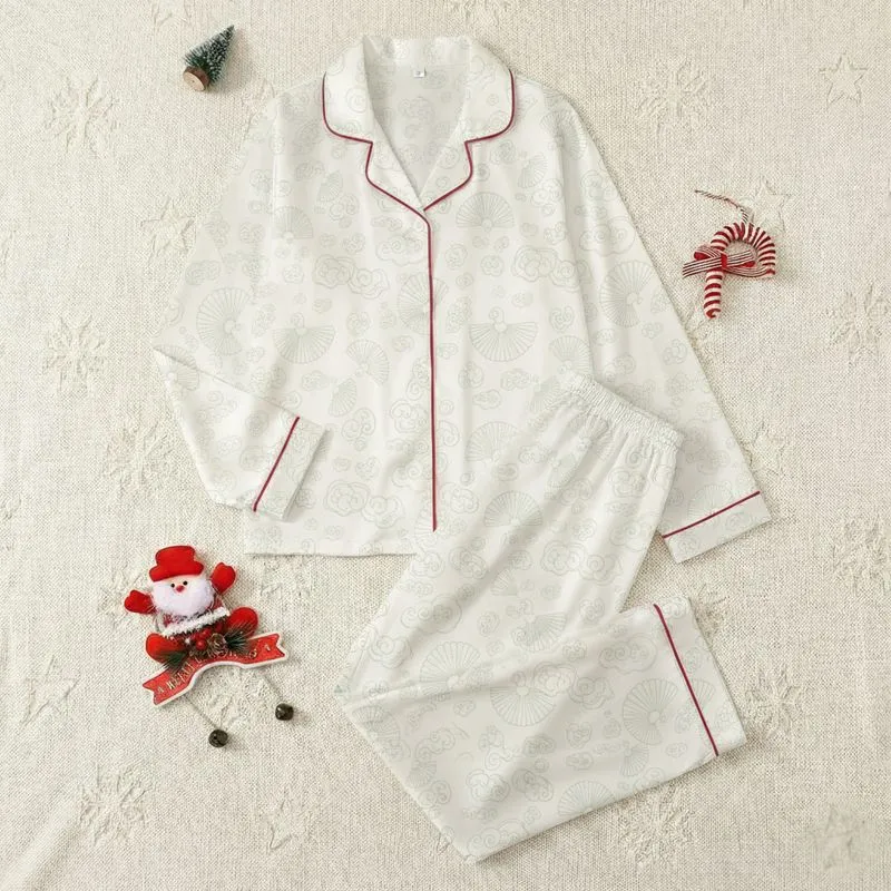 Serene East Asian Ruyi Cloud Fan Pattern: Off-White & Grey-Green Wearable Satin Short-Sleeve Pajamas Set - 1