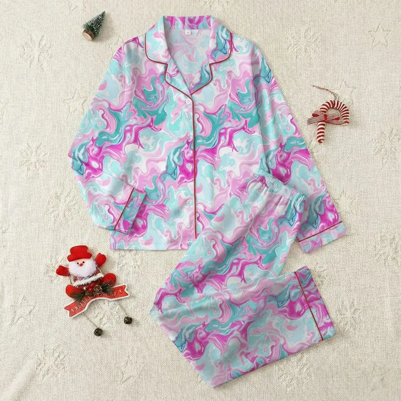 Women's Pastel Pink Sky Blue Teal Fuchsia Abstract Fluid Marble Swirls Satin Pajamas Set - 1