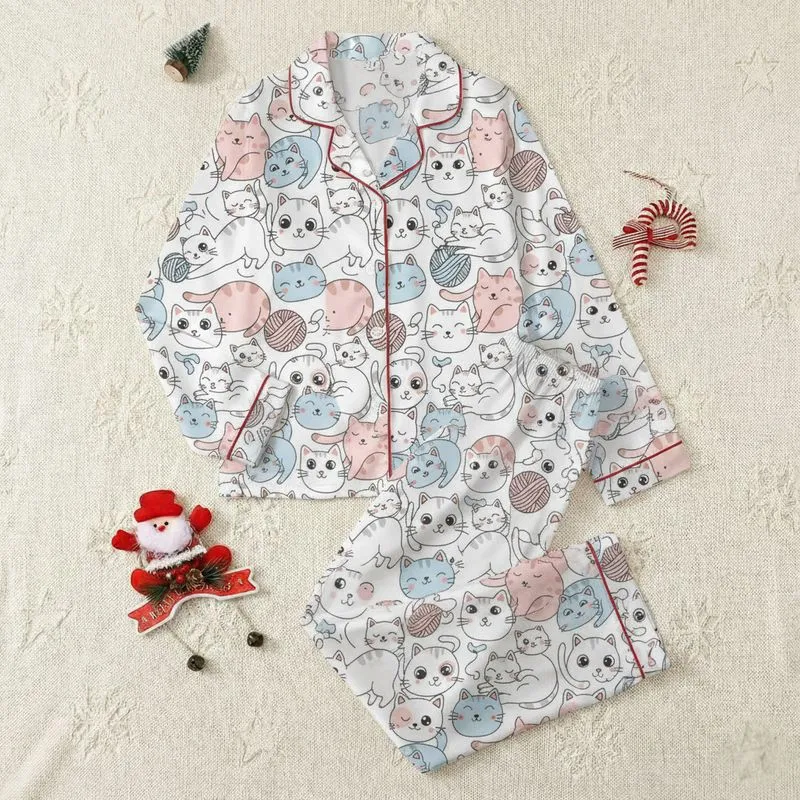Cat Lovers : Hand-Drawn Kitten Expressions & Playful Poses - Pastel Feline Motif Satin Short-Sleeve Pajamas Set - 1