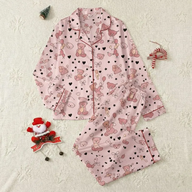 Sweetheart's Pale Pink Teddy Bear Heart Bow Star Scatter Design Cozy Wrap Satin Pajamas Set - 1