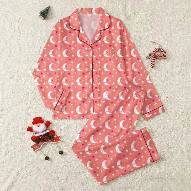Dreamy Celestial: White Moon & Fuchsia Eyelash Star Motif on Soft Coral Pink Garment Kid Satin Pajamas Set - 1