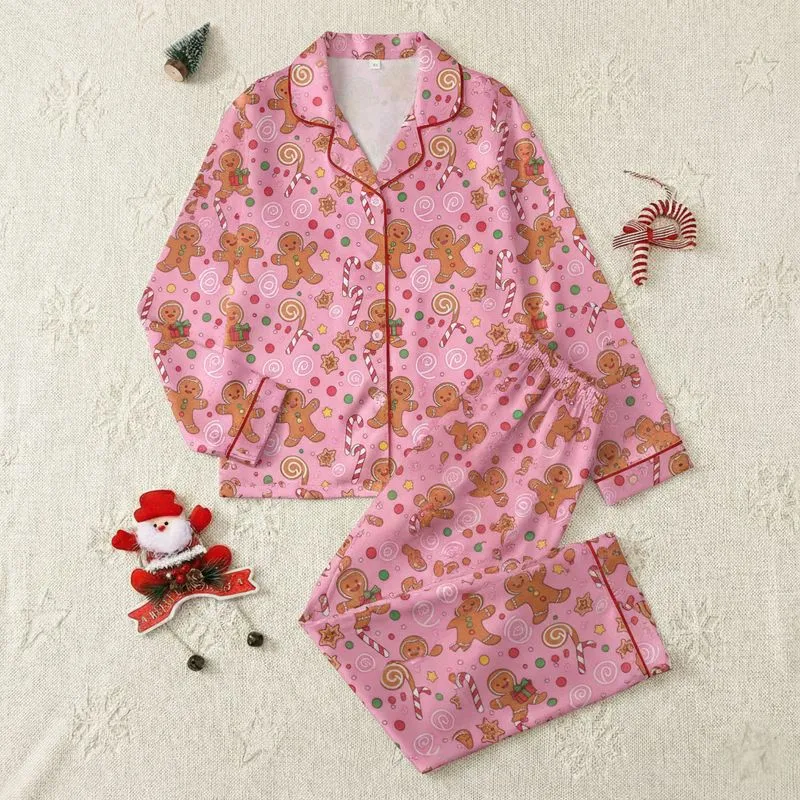 Whimsical Gingerbread Fun: Cheerful Characters, Candy Canes, Pink Gumdrop Swirls - Festive Item Kid Satin Pajamas Set - 1