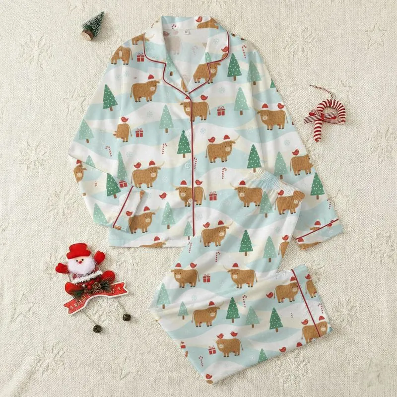 Cozy Holiday Loungewear: Whimsical Highland Cow Winter Wonderland, Snowy Hills & Santa Hats Satin Pajamas Set - 1