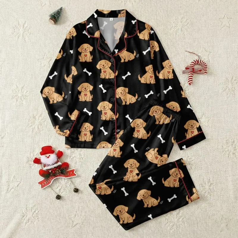 Golden Retriever Lover: Playful Puppies, Rosy Cheeks, Red Hearts & Bones Pattern - Black Background Satin Pajamas Set - 1