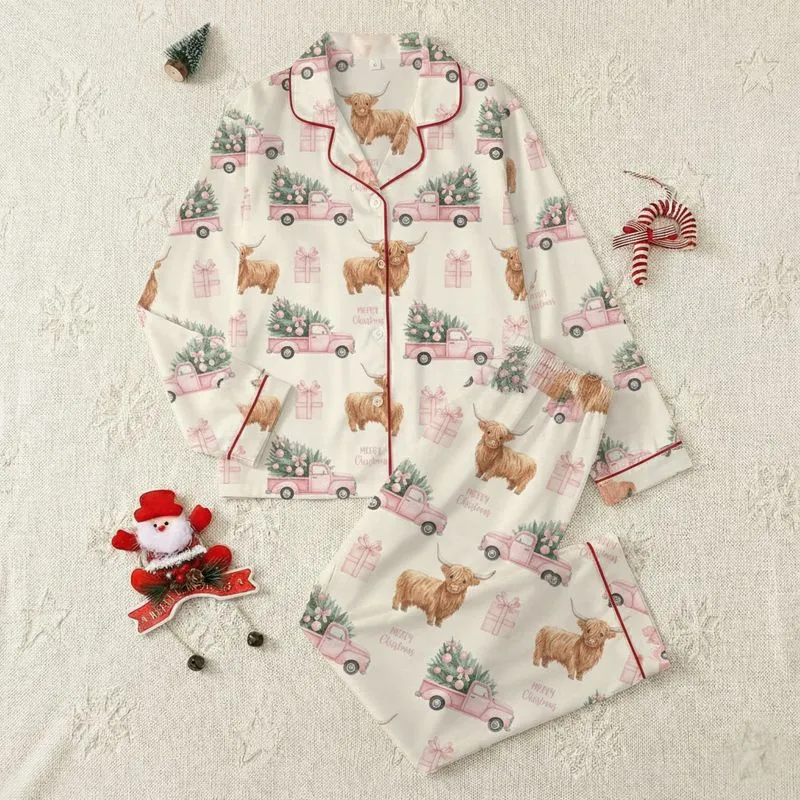 Whimsical Holiday: Fluffy Highland Cow Pink Truck Christmas Trees & Pink Gift Boxes - Soft Watercolor MERRY Christmas Design Satin Pajamas Set - 1