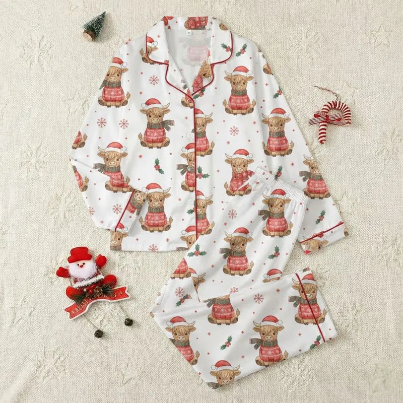 Festive Families' Whimsical Watercolor Highland Calves Red Sweaters Plaid Scarves Holly Snowflakes Satin Pajamas Set - 1