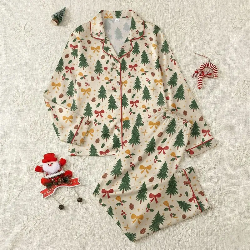 Women's Festive Cream Watercolor Fir Tree Red Bow Golden Ochre Holly Berry Pinecone Pattern Satin Pajamas Set - 1