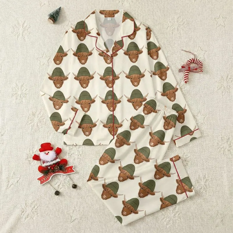 Highland Cow Lovers' Detailed Brown Highland Cow Heads Olive Beanie Cream All-Over Pattern Satin Pajamas Set - 1