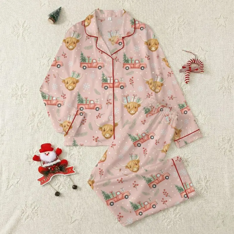 Cozy Christmas Lovers' Whimsical Watercolor Highland Cow Vintage Truck Blush Pink Seamless Pattern Satin Pajamas Set - 1