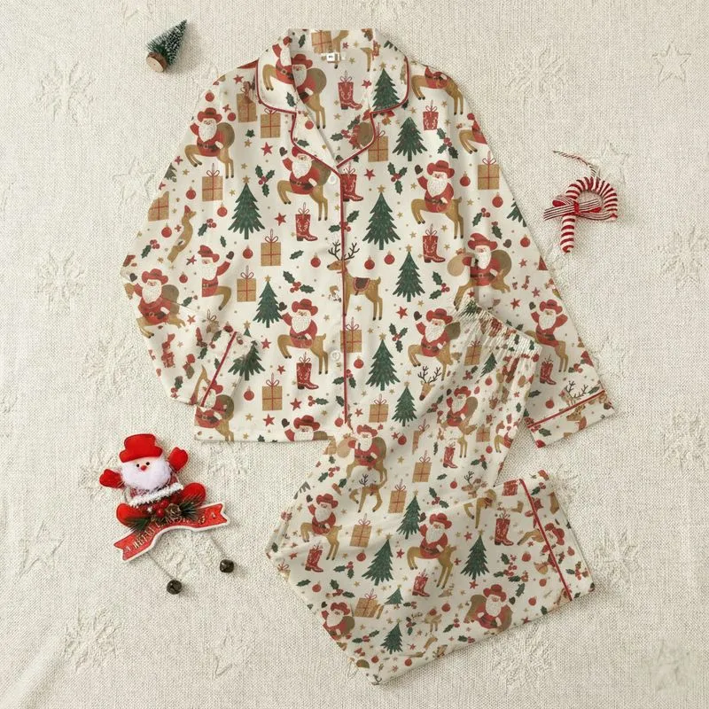Women's Whimsical Hand-Drawn Western Christmas Cowboy Santa Reindeer Tree Holly Cream Red Pattern Satin Pajamas Set - 1