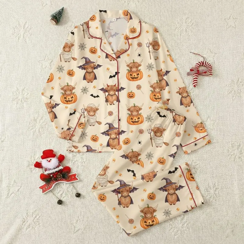 Highland Cow Lovers' Whimsical Watercolor Fluffy Cows in Halloween Costumes, Orange Pumpkins & Muted Purple Bats on Cream Satin Pajamas Set - 1