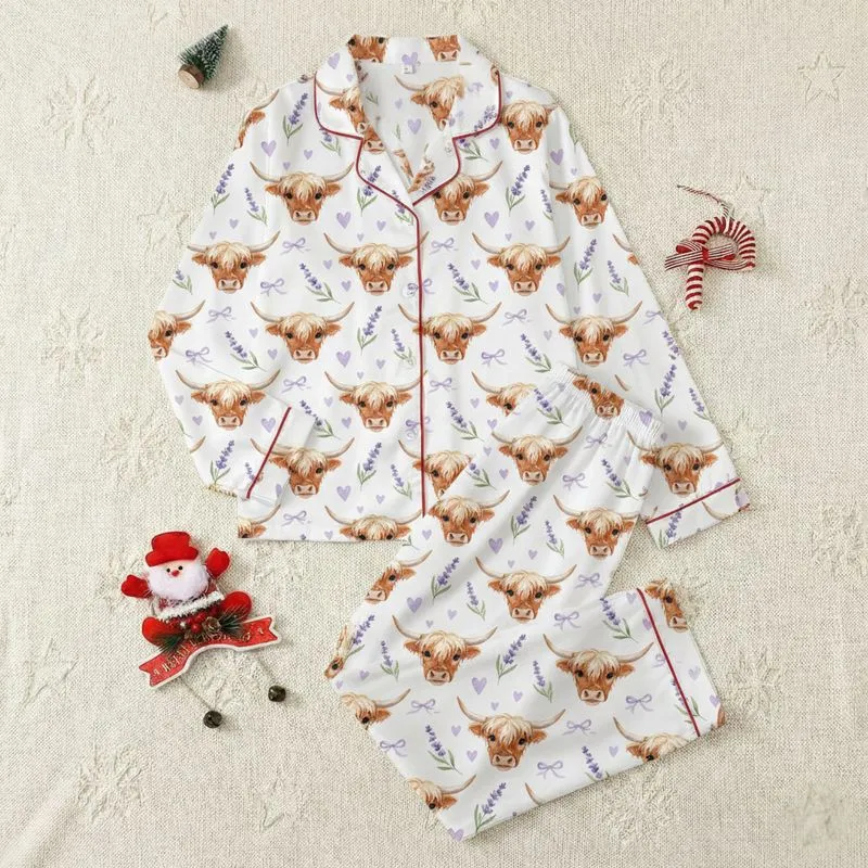 Women's Whimsical Watercolor Fluffy Highland Cow Faces with Lavender Flowers Purple Hearts Bows Pattern Satin Pajamas Set - 1