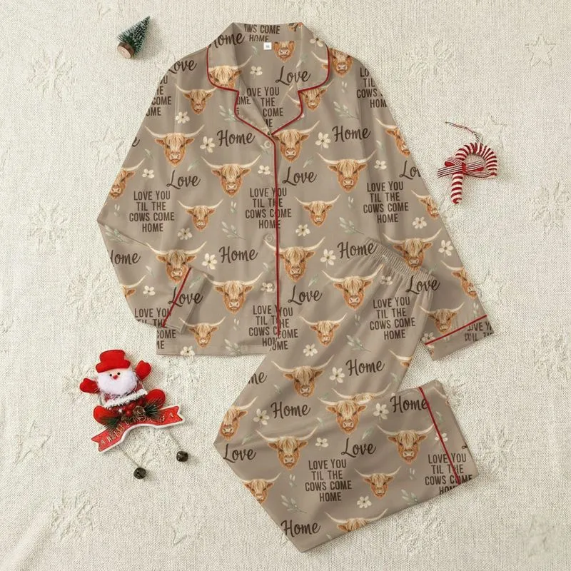 Highland Cow Enthusiasts' Watercolor Highland Cow Heads Rustic Pattern with Taupe, Reddish-Brown & "Love You Til The Cows Come Home" Text Satin Pajamas Set - 1