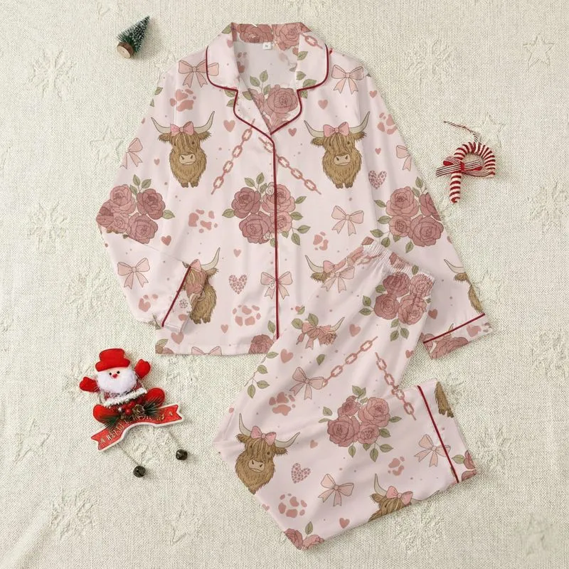 Coquette Lovers' Fluffy Brown Highland Cow Pink Bow Rose Pastel Pink Heart Rustic Design Satin Pajamas Set - 1