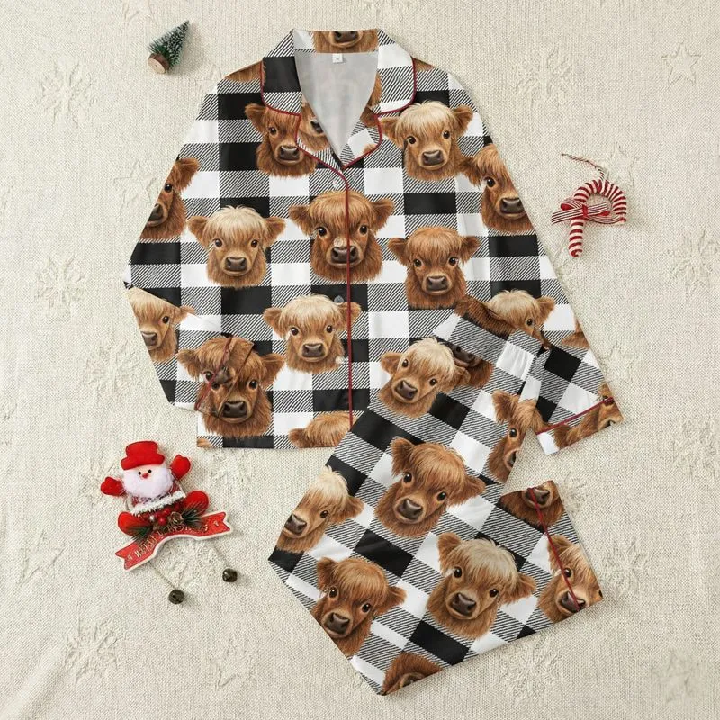 Women's Cozy Black & White Buffalo Plaid with Caramel Highland Calf Heads Pattern Satin Pajamas Set - 1