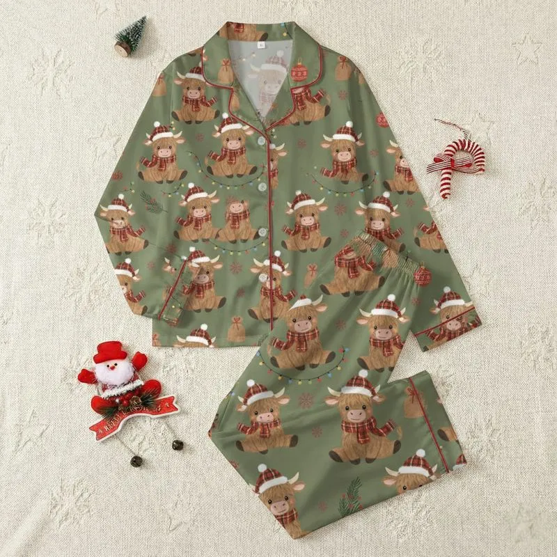 Cow Lovers' Whimsical Highland Calf Red Plaid Santa Hat Olive Green Christmas Pattern with Fairy Lights Satin Pajamas Set - 1