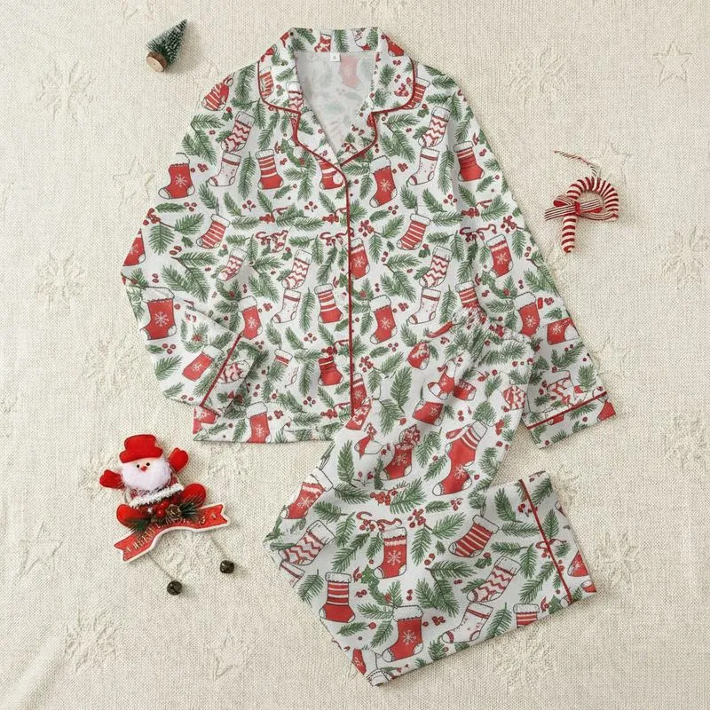 Families' Whimsical Red & Green Christmas Stockings, Pine & Holly Berry Design on White Satin Pajamas Set - 1
