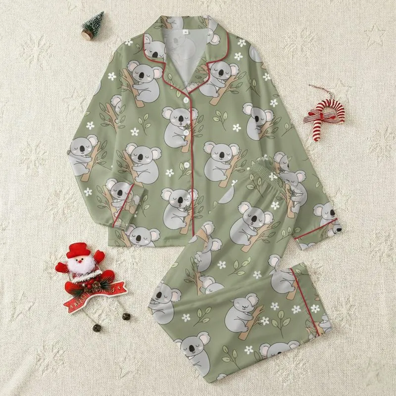 Women's Muted Olive Green Cute Sleepy Koala Eucalyptus & White Flower Hand-Drawn Pattern Satin Pajamas Set - 1
