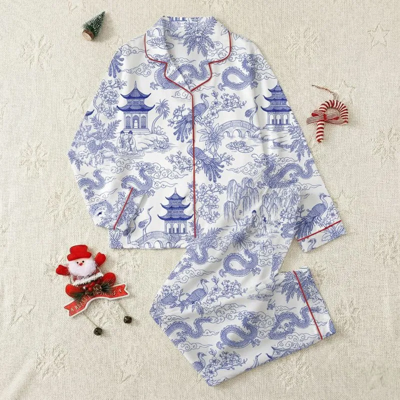 Women's Elegant Cobalt Blue White Toile Chinoiserie Dragon Phoenix Crane Art Satin Pajamas Set - 1