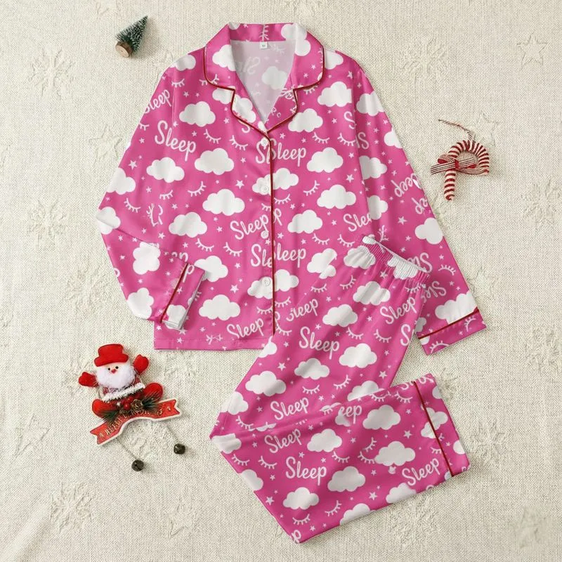 Women's Vibrant Hot Pink White Whimsical Eyelash Star Cloud Sleep Typography Pattern Satin Pajamas Set - 1