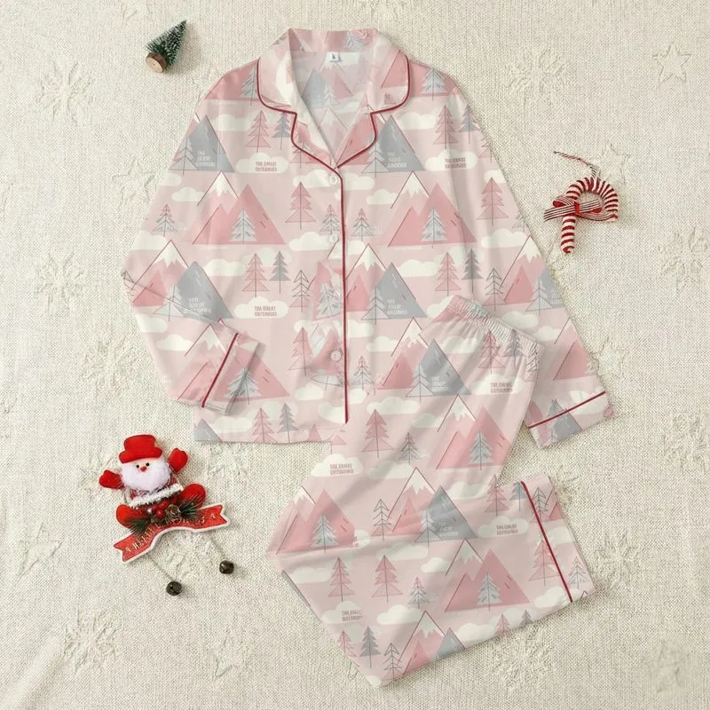 Women's Soft Pink Muted Gray Minimalist Geometric Mountain Pine Cloud Pattern Satin Pajamas Set - 1