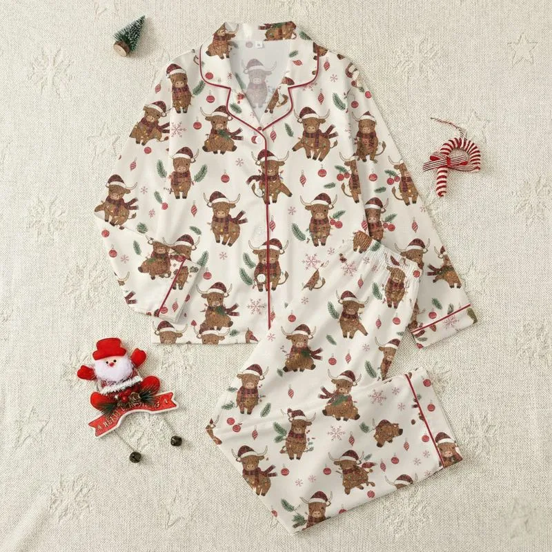 Festive Animal Lovers' Whimsical Highland Cows in Plaid Santa Hats, String Lights, Red Ornaments & Snowflakes on Creamy White Satin Pajamas Set - 1