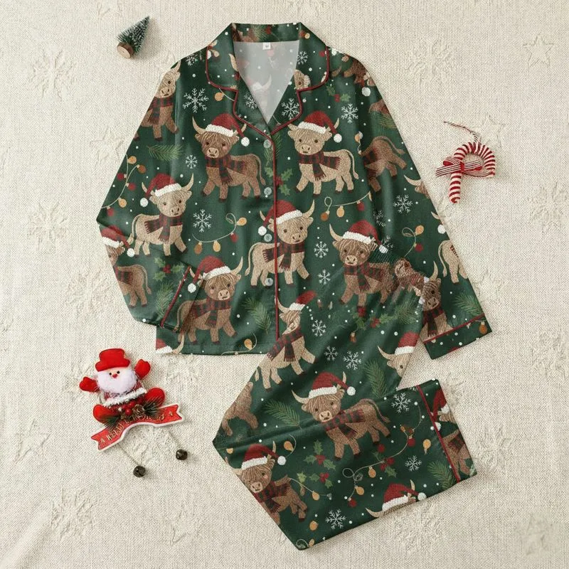 Highland Cow Fans' Whimsical Festive Highland Cows Faux Yarn Print, Plaid Scarves, Pine Branches, Amber Lights on Forest Green Satin Pajamas Set - 1