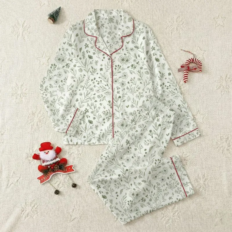 Women's Organic Intertwined Botanical Pattern with Sage Olive Forest Green Wildflowers & Leaves on Cream Off-White Satin Pajamas Set - 1