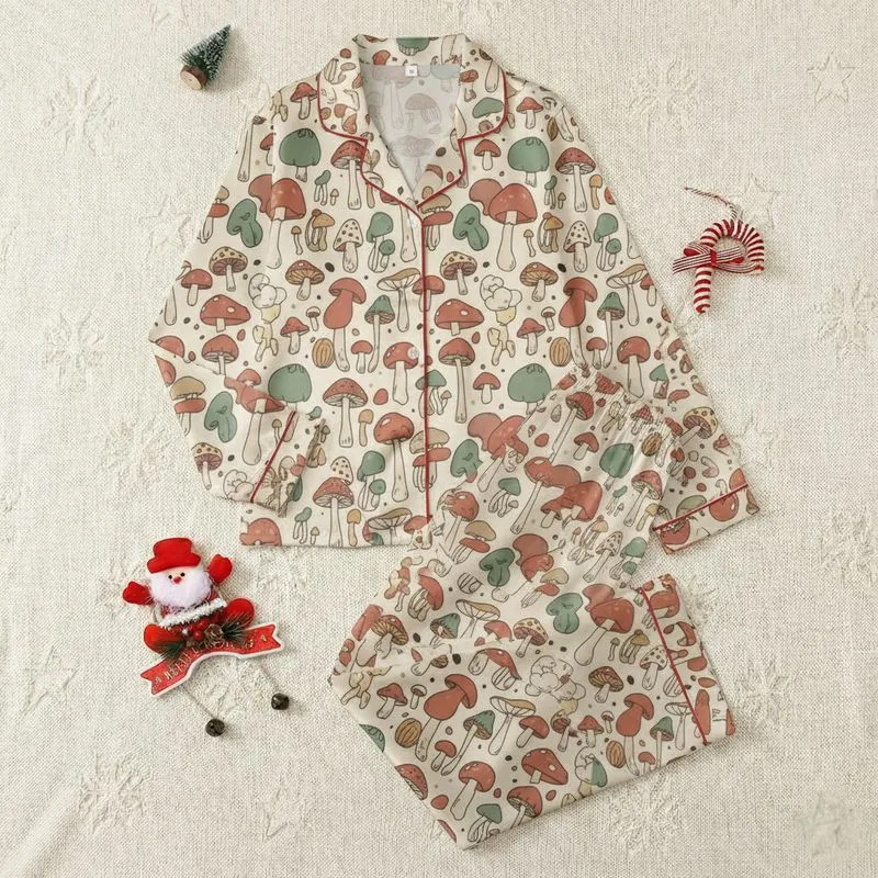 Nature Lover's Whimsical Hand-Drawn Mushroom Pattern: Earthy Terracotta & Sage Fungi Design Satin Pajamas Set - 1