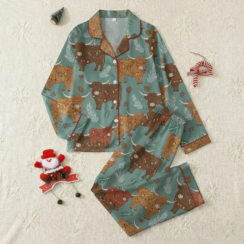 Western Farm Lovers' Shaggy Highland Cow & Calf Rustic Christmas Design, Multi-Color Lights, Frosted Pine & Berries on Muted Teal Satin Pajamas Set - 1