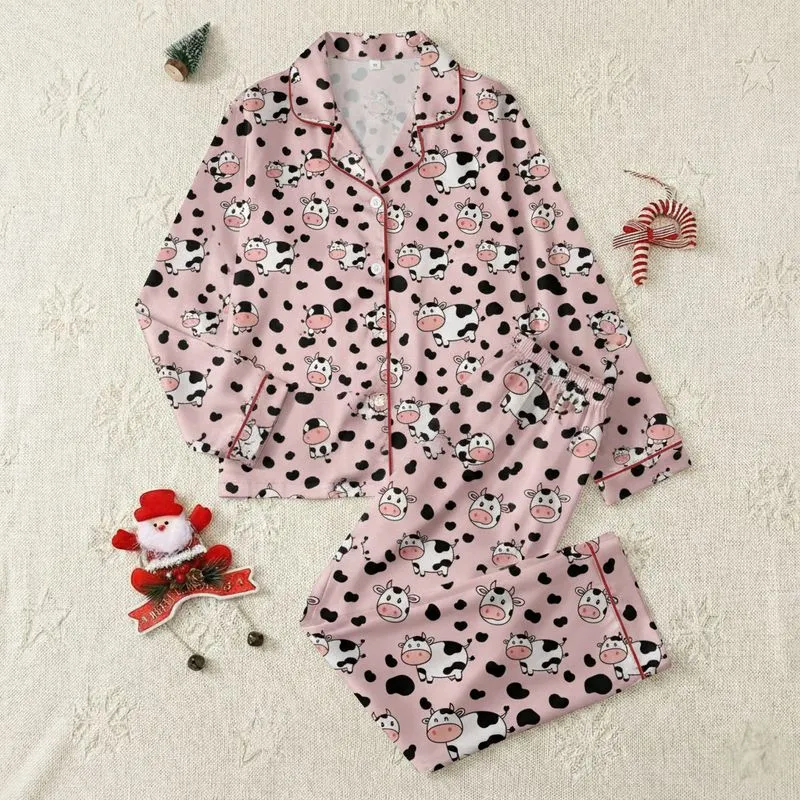 Women's Cheerful Cartoon Cow Black Spot Pastel Pink All-Over Pattern Satin Pajamas Set - 1