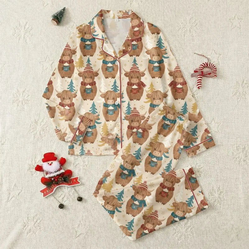 Highland Cow Fans' Whimsical Fluffy Cows with Muted Teal Beanies & Earthy Red Plaid Scarves Amidst Golden Snowflakes Satin Pajamas Set - 1