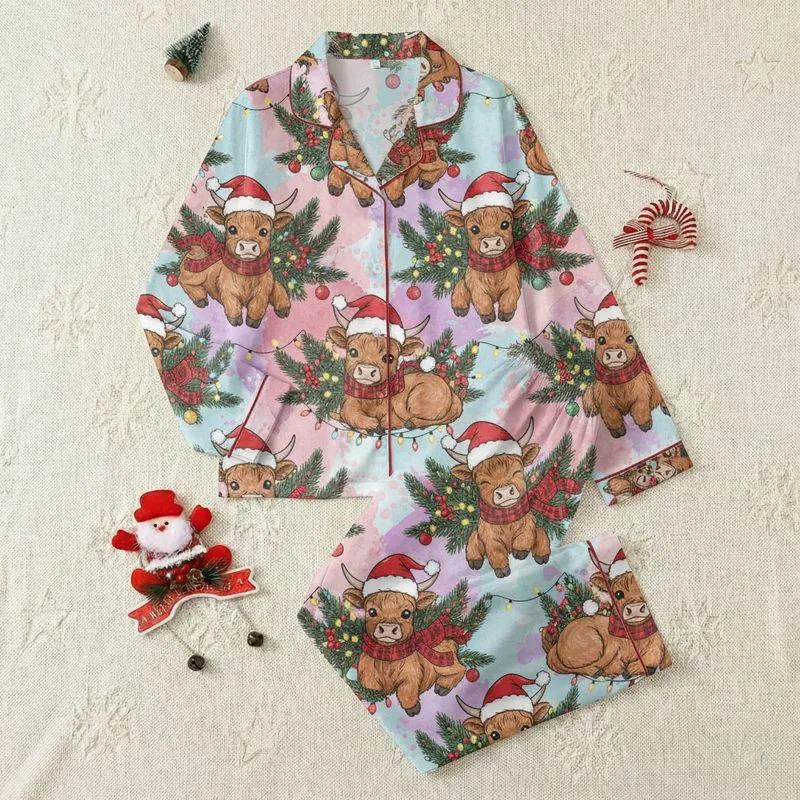 Farm Animal Fans' Whimsical Highland Calf Christmas Pattern with Santa Hats & Red Plaid Satin Pajamas Set - 1