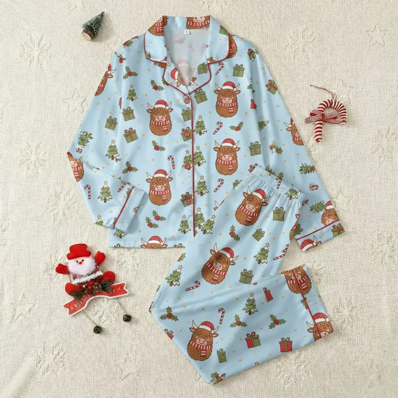 Women's Whimsical Festive Highland Cow Pattern, Red Santa Hats, Green Christmas Trees, Candy Canes, Holly, Sky Blue Satin Pajamas Set - 1