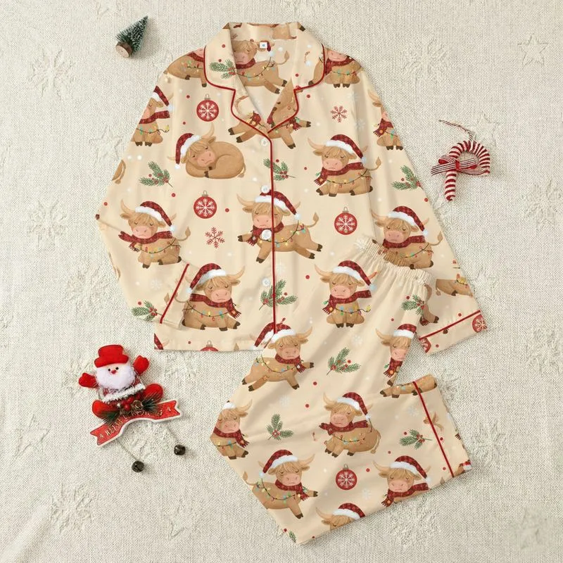 Festive Christmas Cow Lovers' Whimsical Highland Santa Cow Pattern String Lights Red Ornaments Satin Pajamas Set - 1