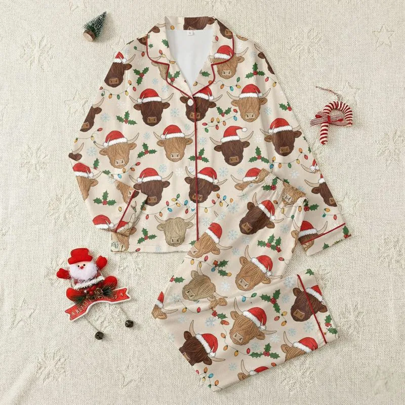 Christmas Enthusiasts' Charming Hand-Stitched Highland Cow & Santa Hat Festive All-Over Pattern with Lights, Holly, Snowflakes Satin Pajamas Set - 1
