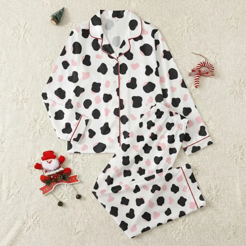 Women's Playful Flat Graphic Black Cow Spots and Soft Pink Blobs on White Satin Pajamas Set - 1
