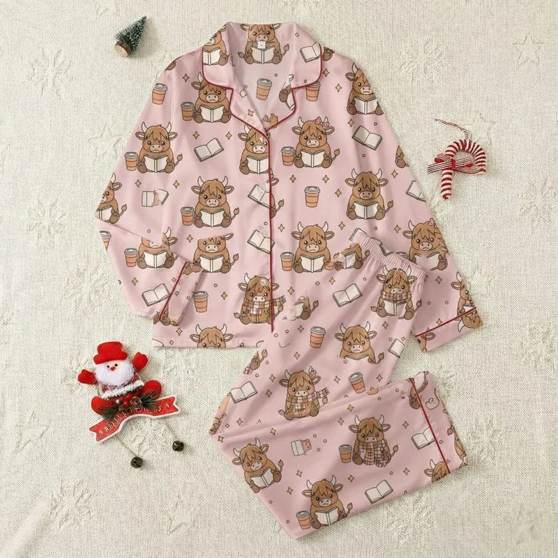 Bookish Coffee Lovers' Whimsical Chibi Fluffy Highland Cows Reading Books Coffee Stars Light Pink Satin Pajamas Set - 1
